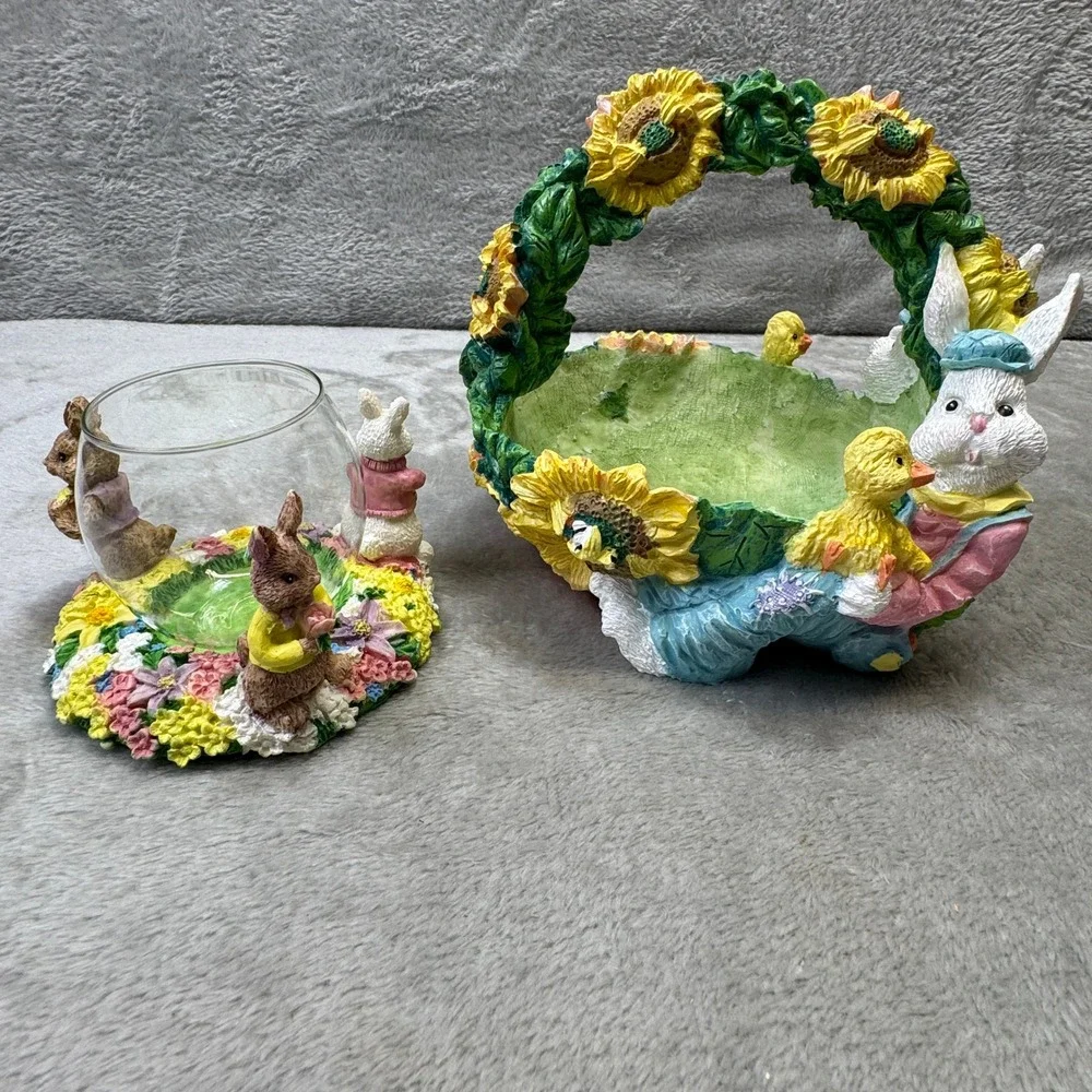 Easter Bunny Sunflower Resin Basket‎ and Votive Candle Holder Spring Lot 2 Vtg.